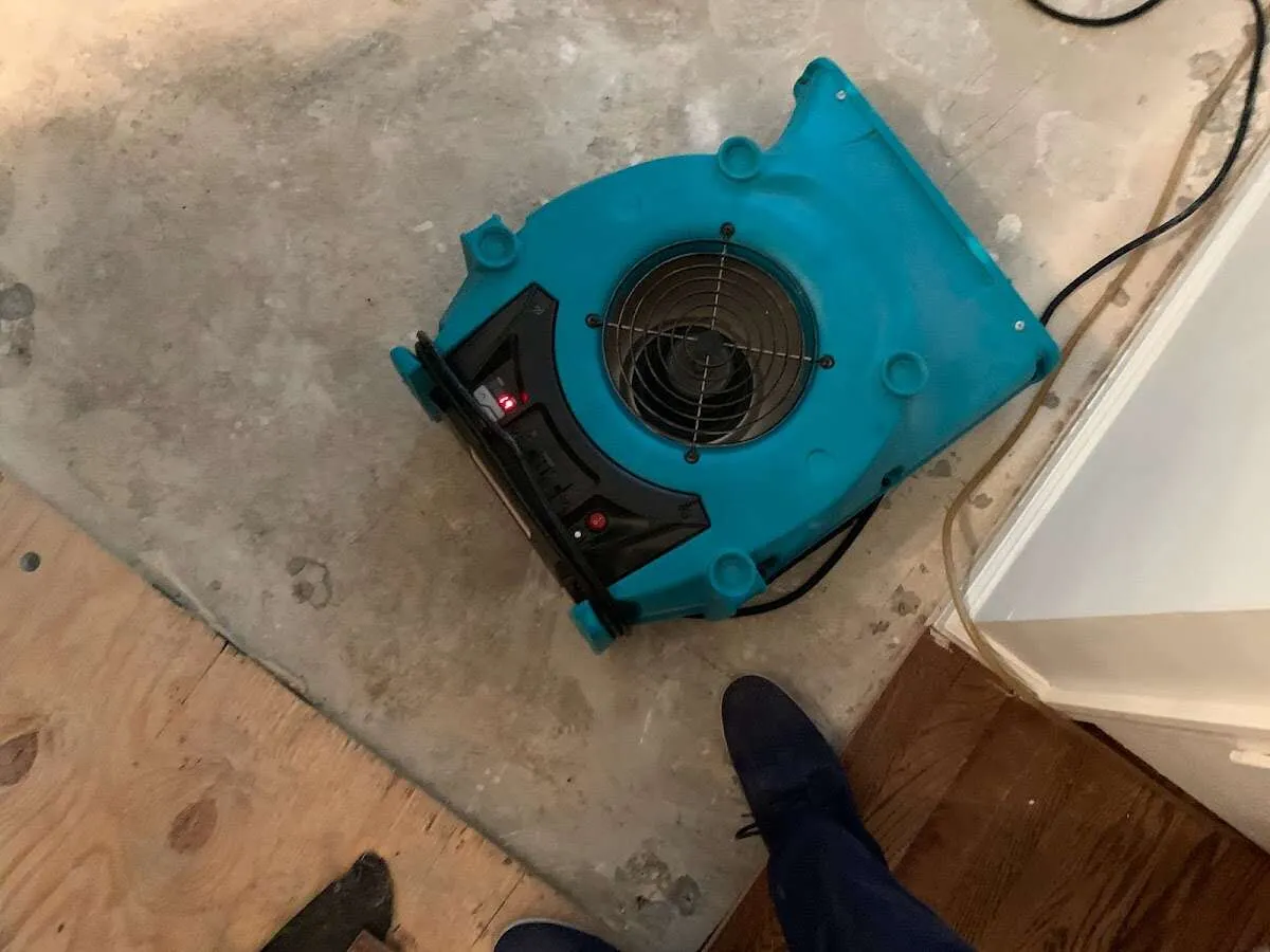 Air mover drying subfloor during Leak Detection & Repair in Daphne